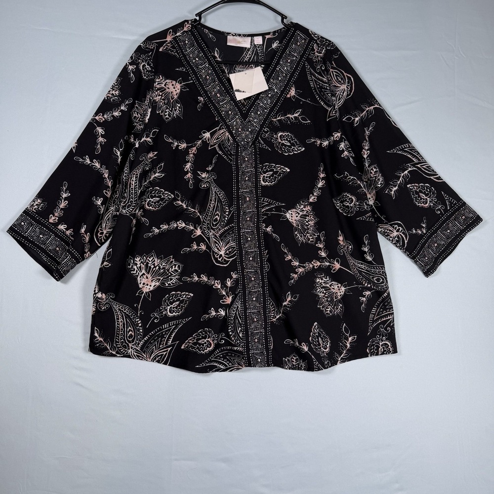 Belle Kim Gravel Size-XL Women's Chiffon Blouse Paisley Black 3/4 Sleeve